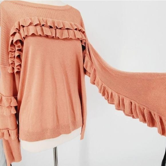 Gianni Bini Myra Salmon Peach French Twist Ruffle Long Sleeve Sweater Large 12 - Picture 6 of 11